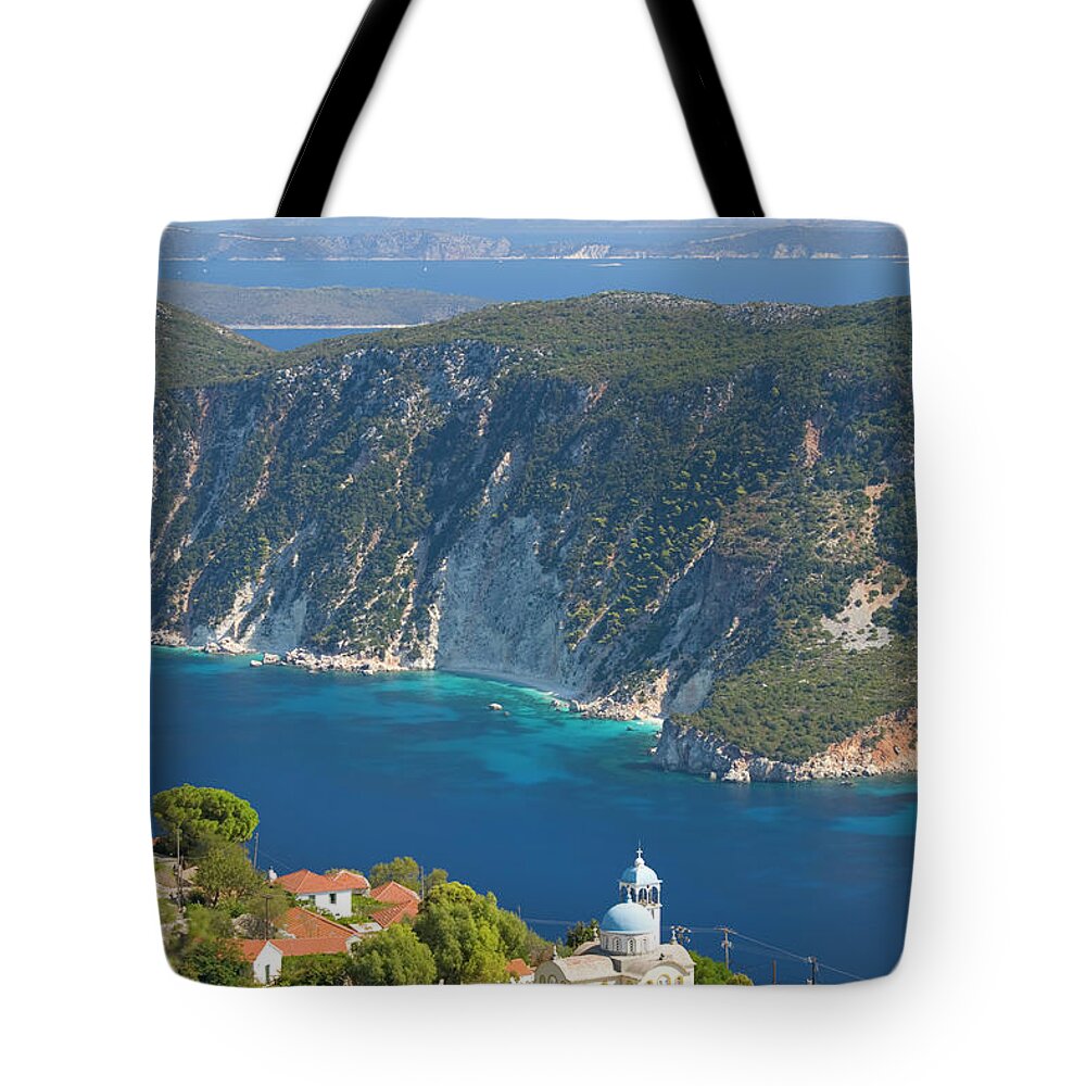 Ithaki Tote Bag featuring the photograph View Over Afales Bay, Exogi, Ithaca by David C Tomlinson