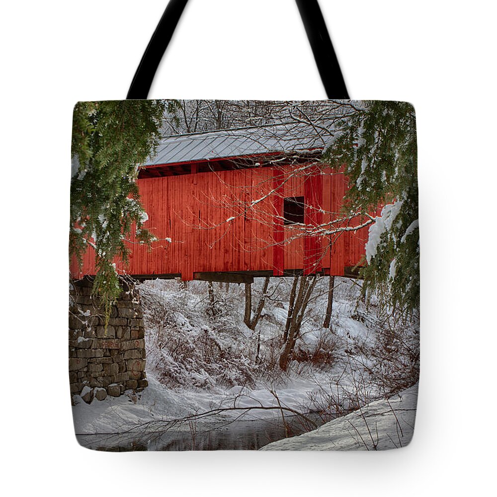 Covered Bridge Tote Bag featuring the photograph View through the boughs of Vermont covered bridge by Jeff Folger