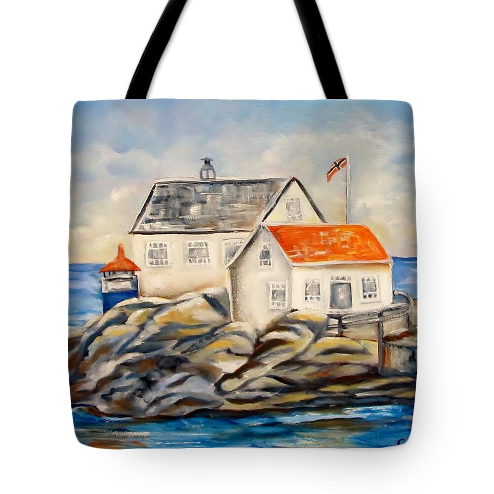 Vikeholmen Lighthouse Tote Bag featuring the painting Vikeholmen Lighthouse II by Carol Allen Anfinsen