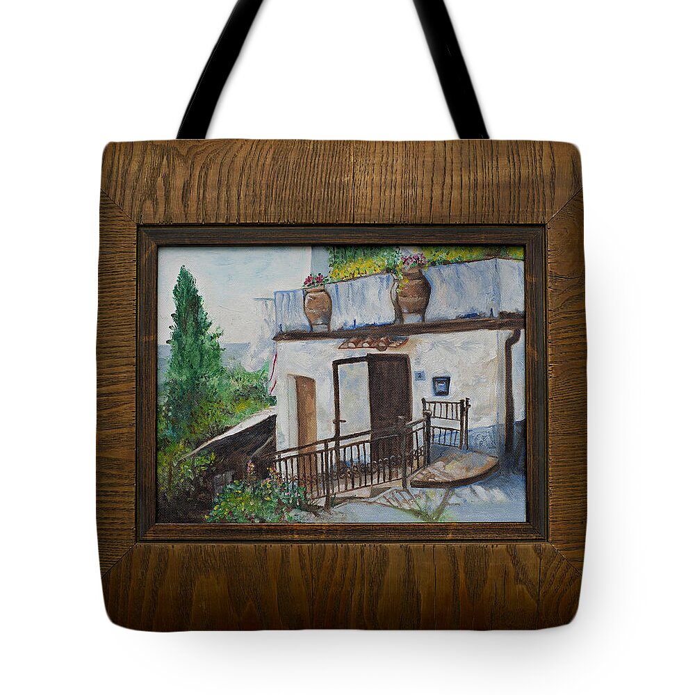 Tuscan Terrain Tote Bag featuring the mixed media Villa in Tuscany by Kathy Knopp