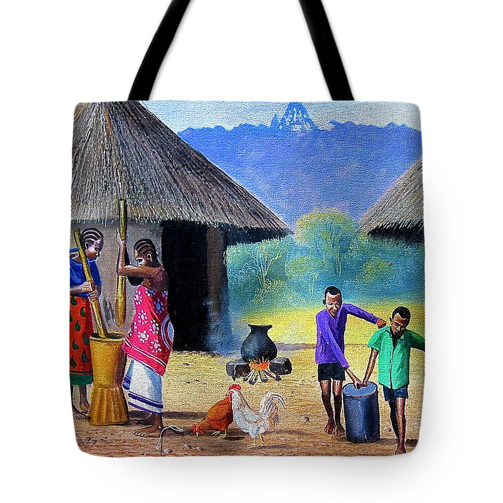 African Village Tote Bag featuring the painting Village Chores by Jane Wanjeri