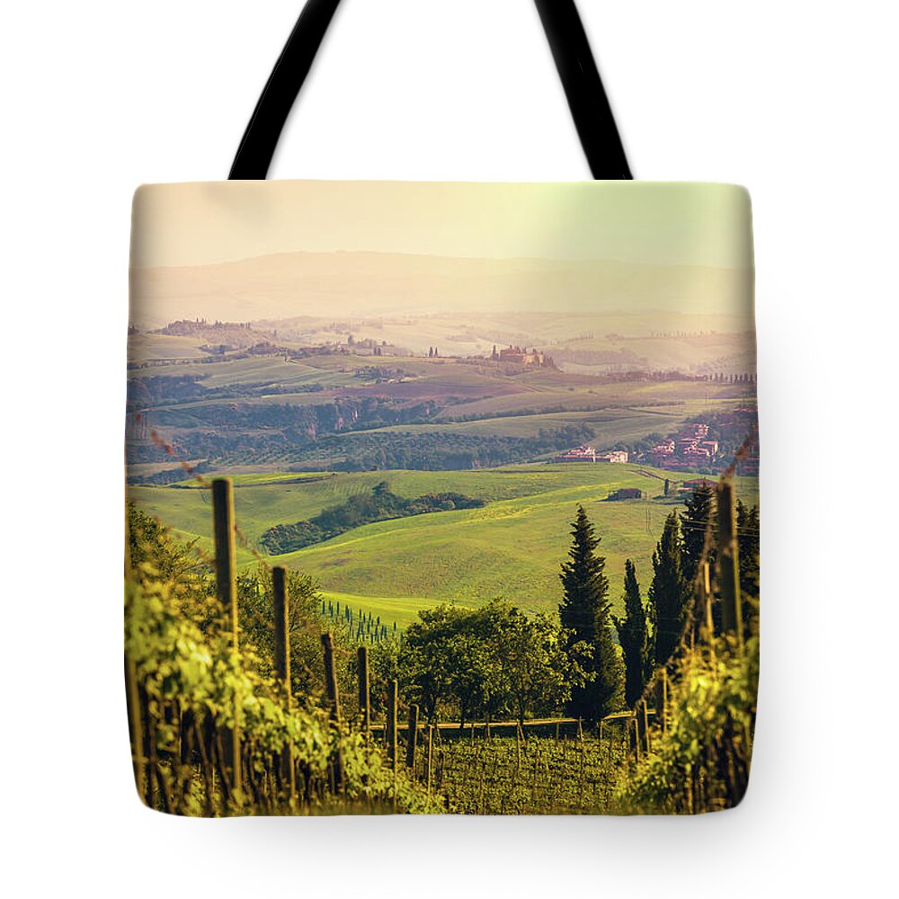 Scenics Tote Bag featuring the photograph Vineyards In Italy At Sunset, Chianti by Zodebala
