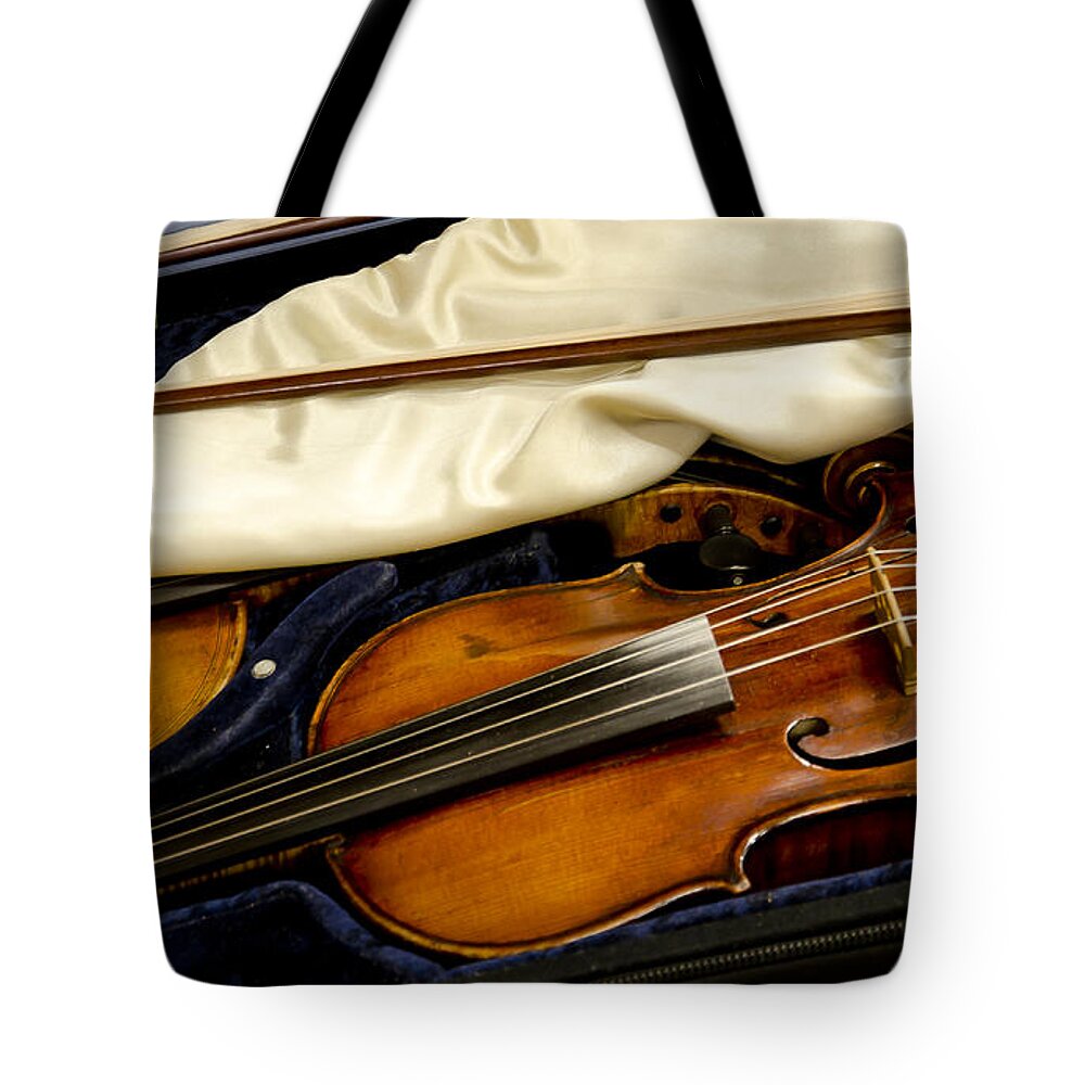 Fiddle Tote Bag featuring the photograph Vintage Fiddle in the Case by Wilma Birdwell
