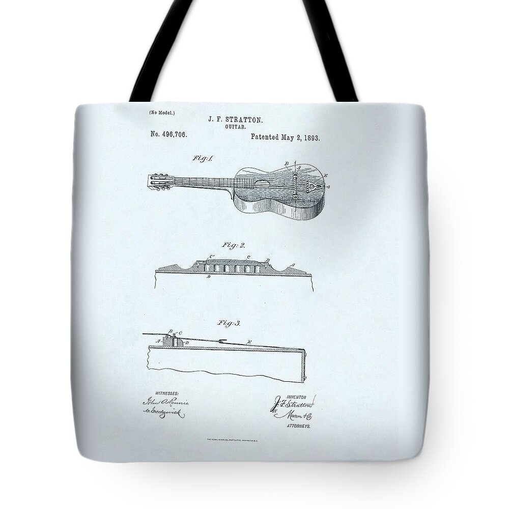 Electric Tote Bag featuring the drawing Guitar Patent drawing on blue background #11 by Steve Kearns