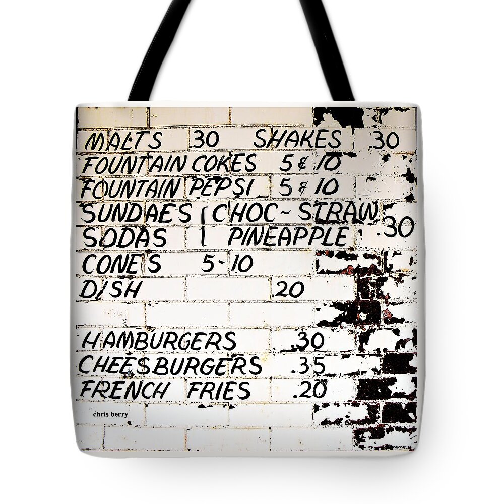 Menu Tote Bag featuring the photograph Vintage Menu on Brick by Chris Berry