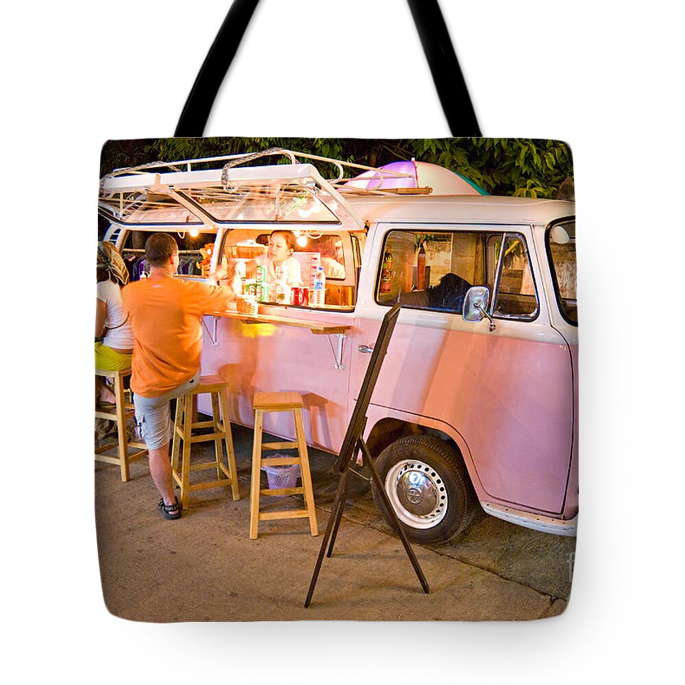 Non-alcoholic Beverage Tote Bag featuring the photograph Vintage pink Volkswagen Bus by Luciano Mortula