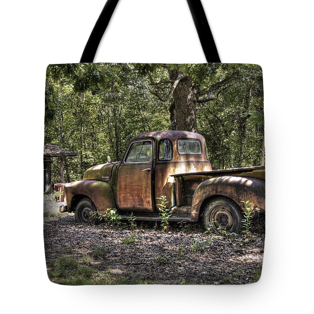 Chevrolet Tote Bag featuring the photograph Vintage Rust by Benanne Stiens