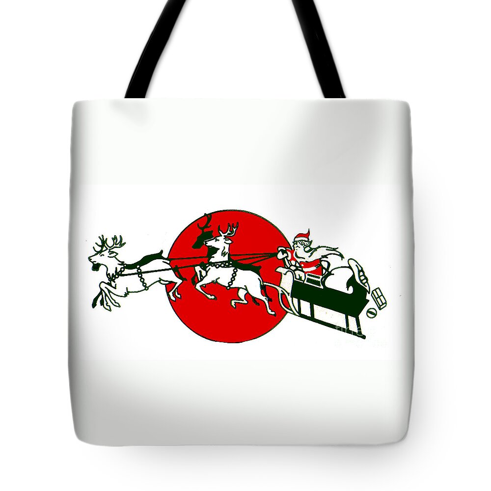 Christmas Tote Bag featuring the digital art Vintage Santa sleigh and reindeer by Art MacKay