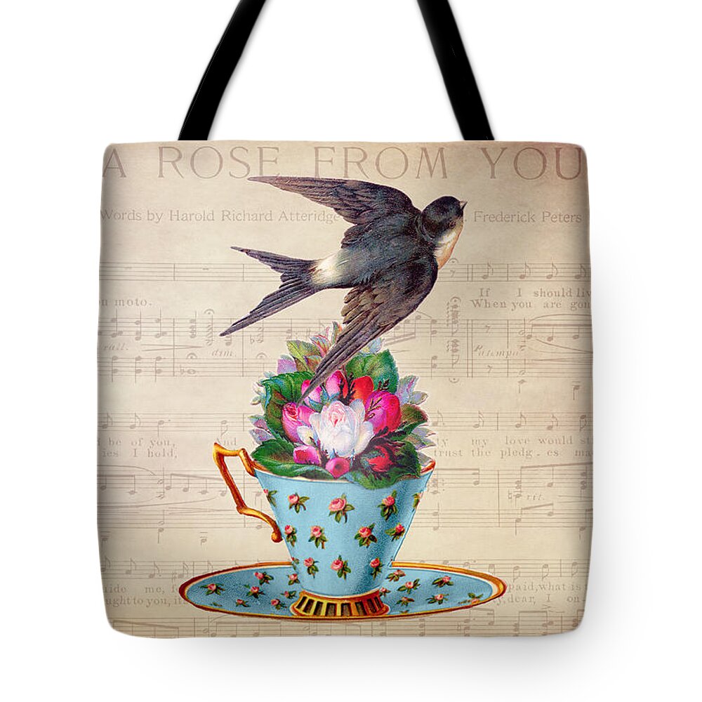Vintage Tote Bag featuring the digital art Vintage Teacup and Swallow by Peggy Collins