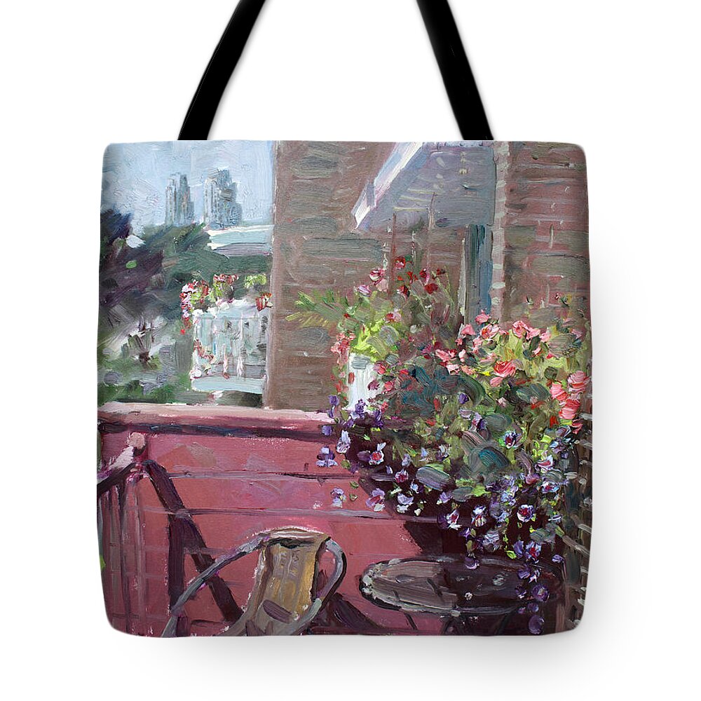 Flowers Tote Bag featuring the painting Viola's Balcony by Ylli Haruni