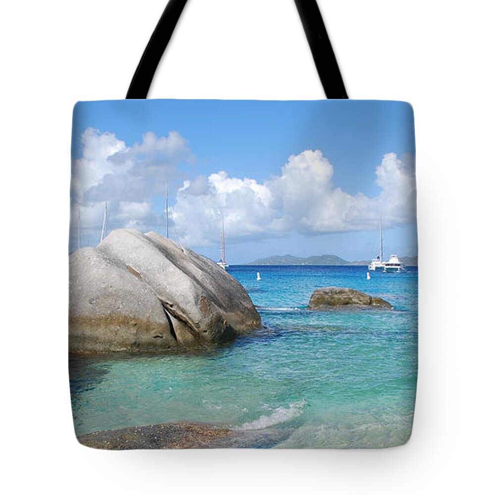 Virgin Islands Tote Bag featuring the photograph Virgin Islands the Baths with Boats by Robyn Saunders