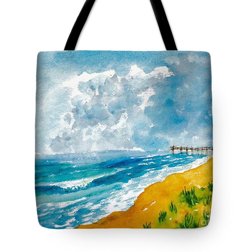 Nature Tote Bag featuring the painting Virginia Beach with Pier by Walt Brodis