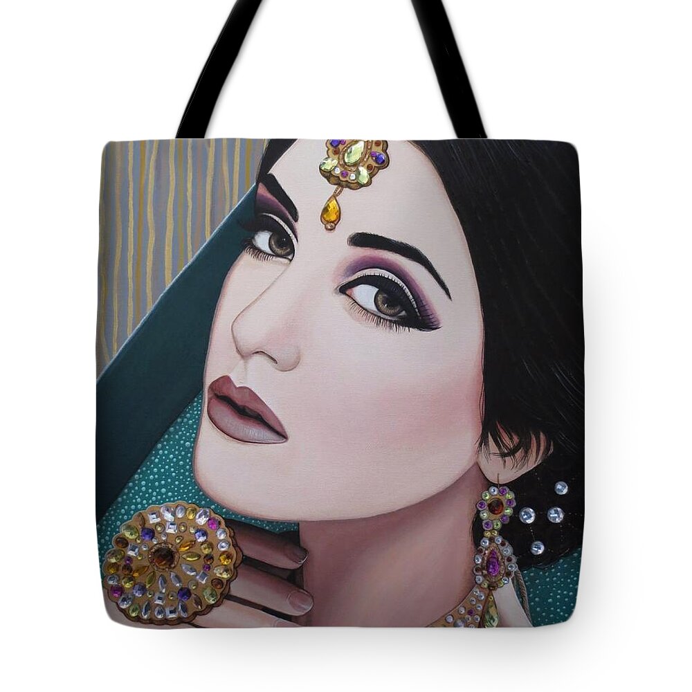 Art Tote Bag featuring the painting Viridian Indian Beauty by Malinda Prud'homme