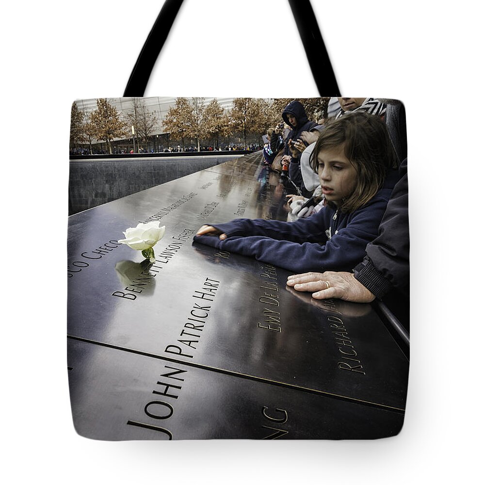Tourists Tote Bag featuring the photograph Visitors at the 911 Memorial by Fran Gallogly