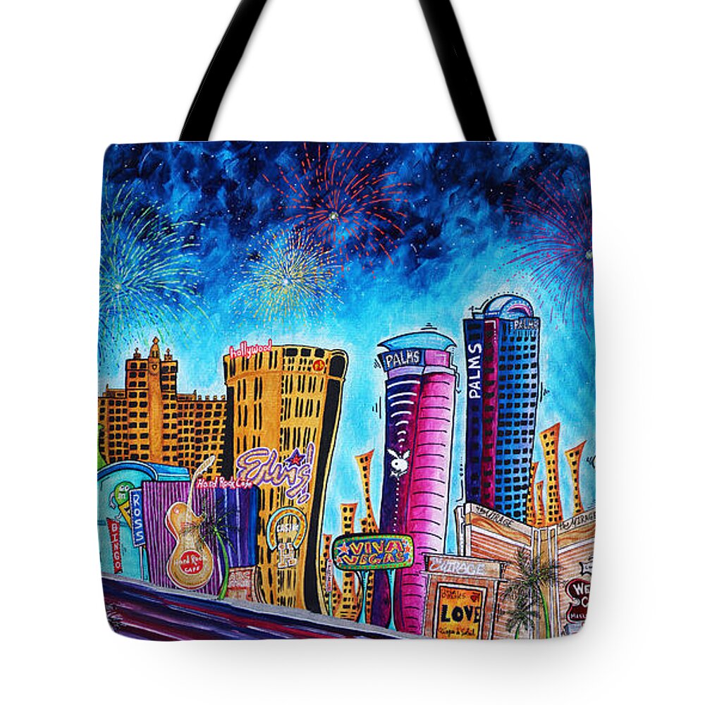 Vegas Tote Bag featuring the painting Viva Las Vegas a Fun and Funky PoP Art Painting of the Vegas Skyline and Sign by Megan Duncanson by Megan Aroon