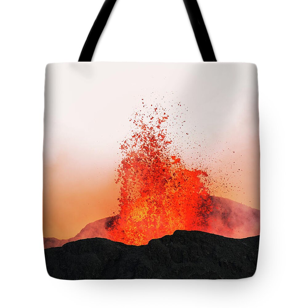Orange Color Tote Bag featuring the photograph Volcano Eruption, Holuhraun by Arctic-images