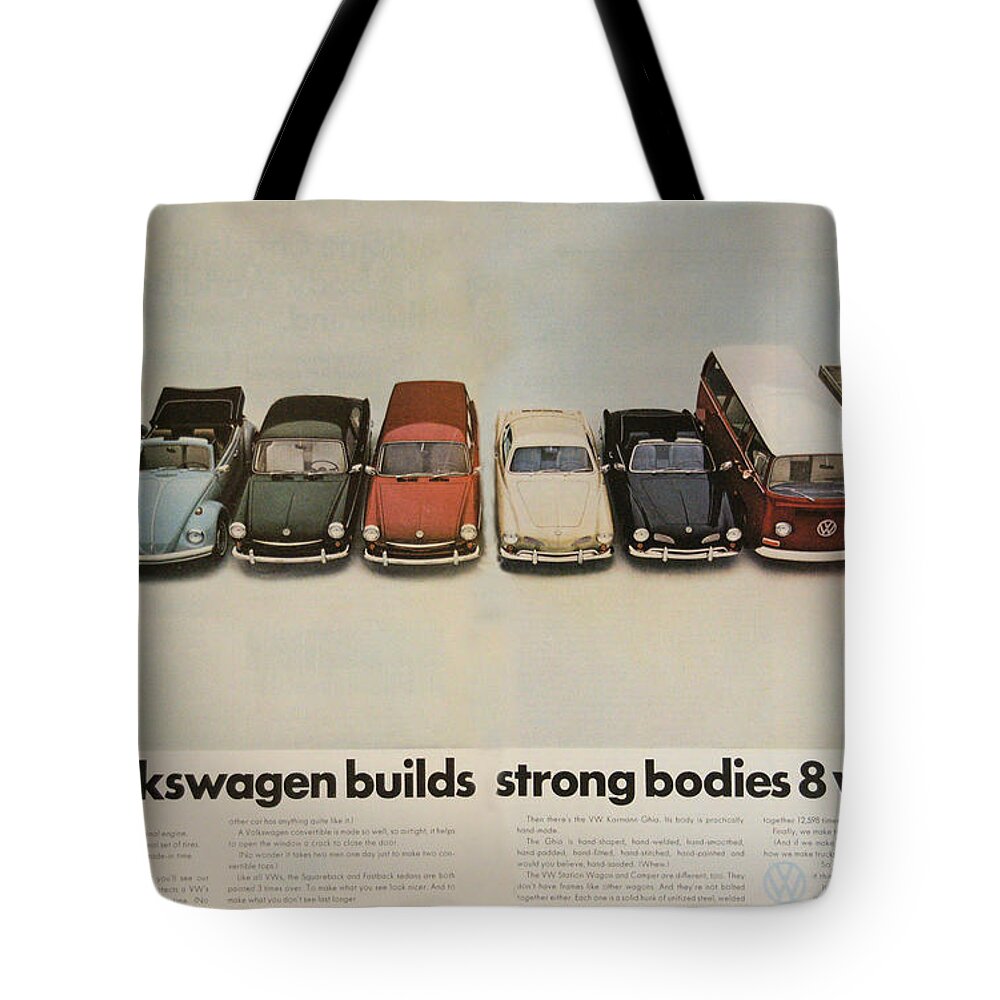 Vw Beetle Tote Bag featuring the digital art Volkswagen builds strong bodies 8 ways by Georgia Clare