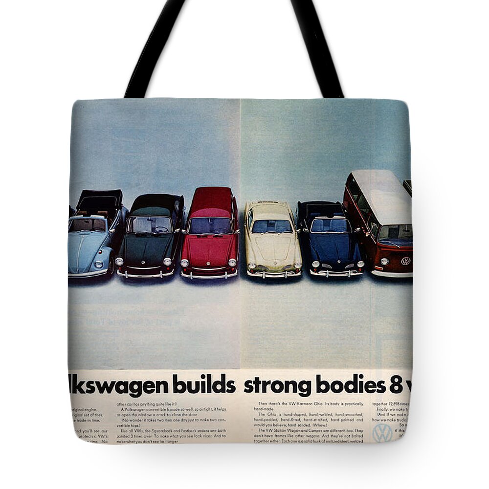 Volkswagen Builds Strong Bodies In 8 Ways Tote Bag featuring the digital art Volkswagen Builds Strong Bodies Eight Ways by Georgia Clare