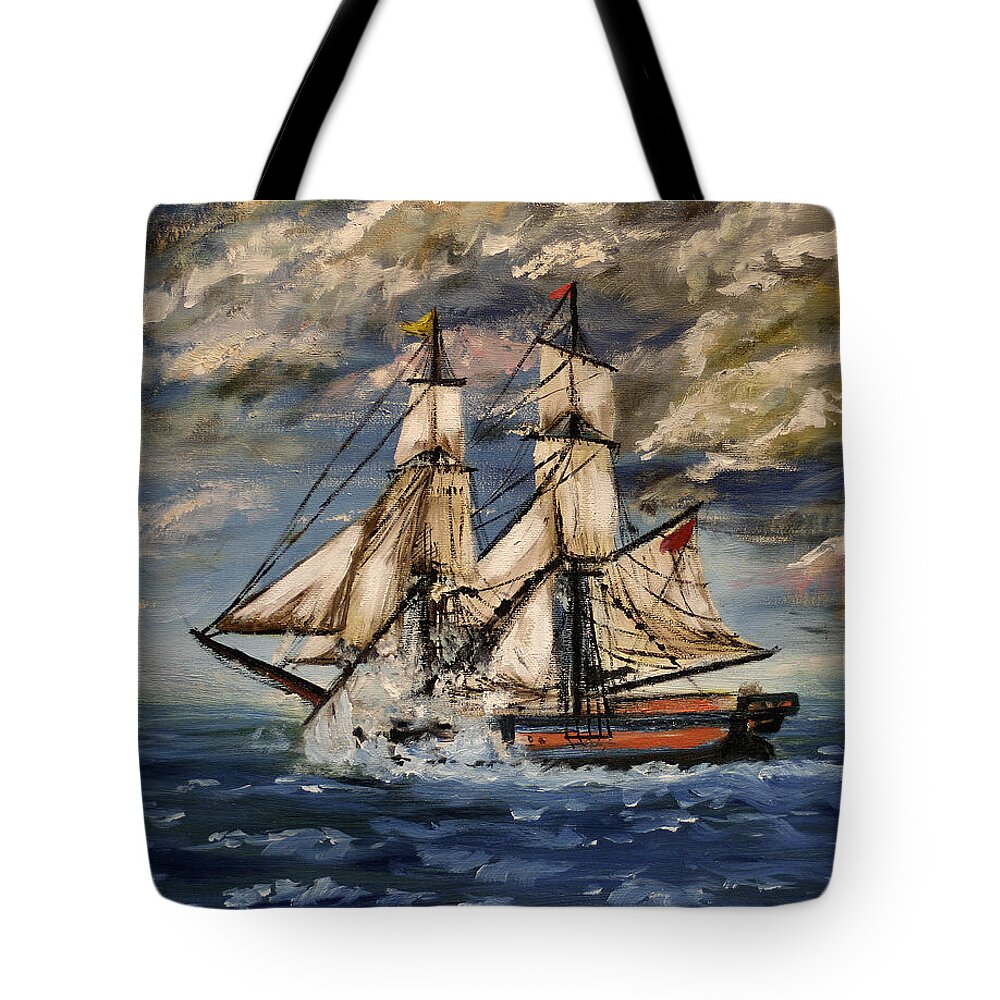 Galleon Tote Bag featuring the painting Voyage of the Cloud Chaser by Abbie Shores