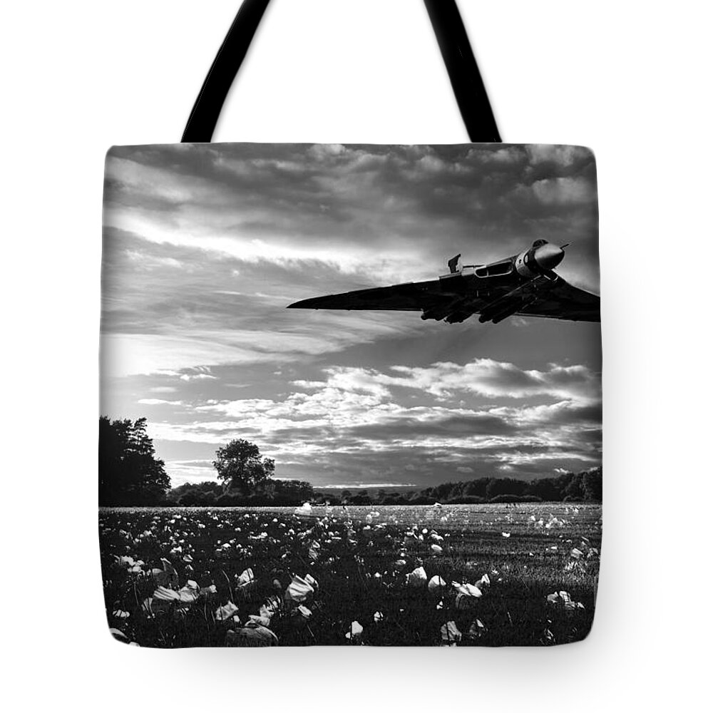 Vulcan Bomber Poppy Tote Bag featuring the digital art Vulcan History Mono by Airpower Art