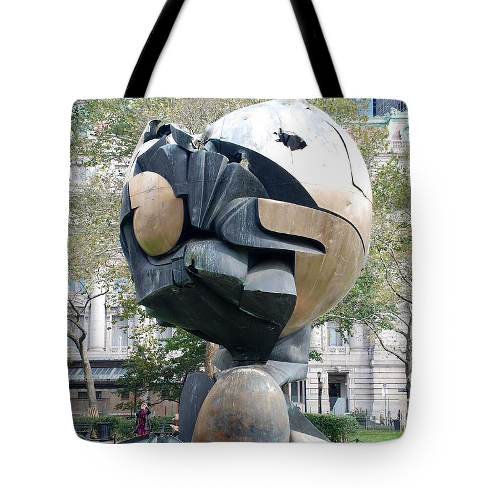 Wtc Tote Bag featuring the photograph W T C Fountain Sphere by Rob Hans