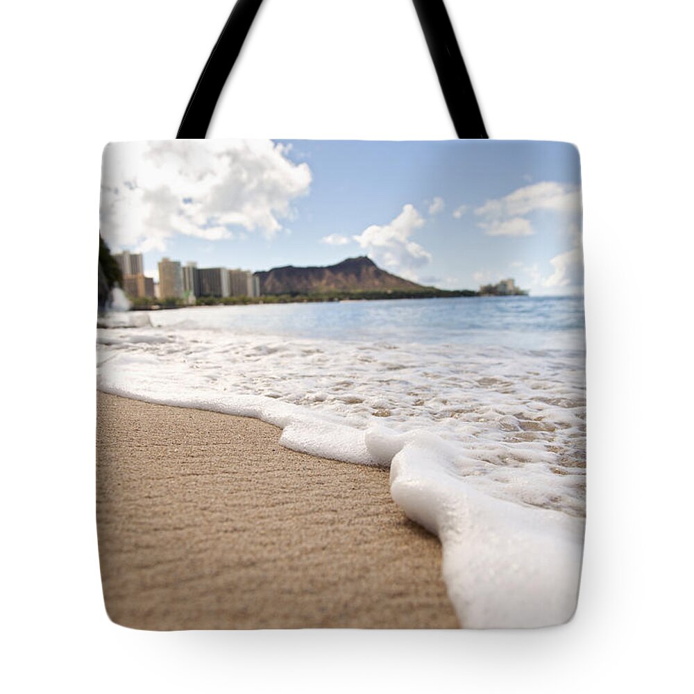 Angle Tote Bag featuring the photograph Waikiki Shore by Brandon Tabiolo