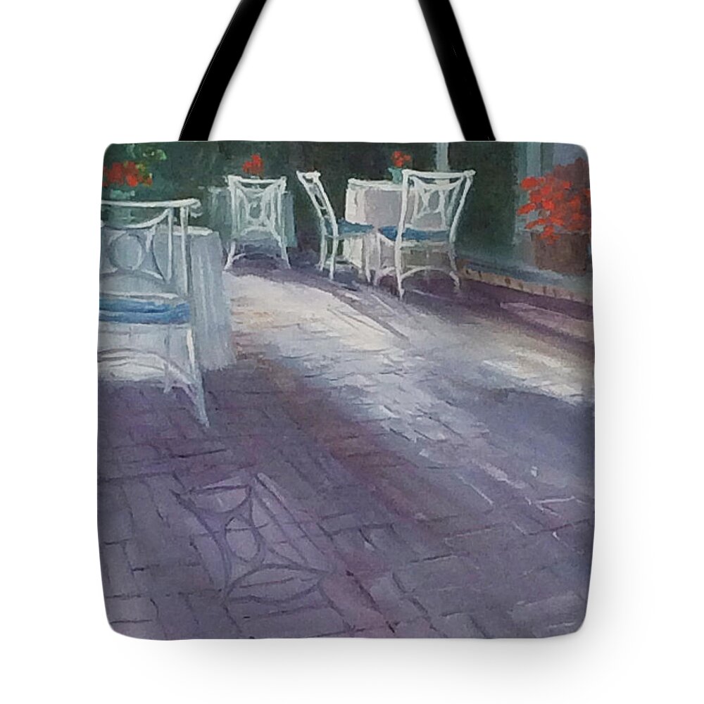 Gardens Hotel Tote Bag featuring the painting Waiting for Breakfast by Maryann Boysen