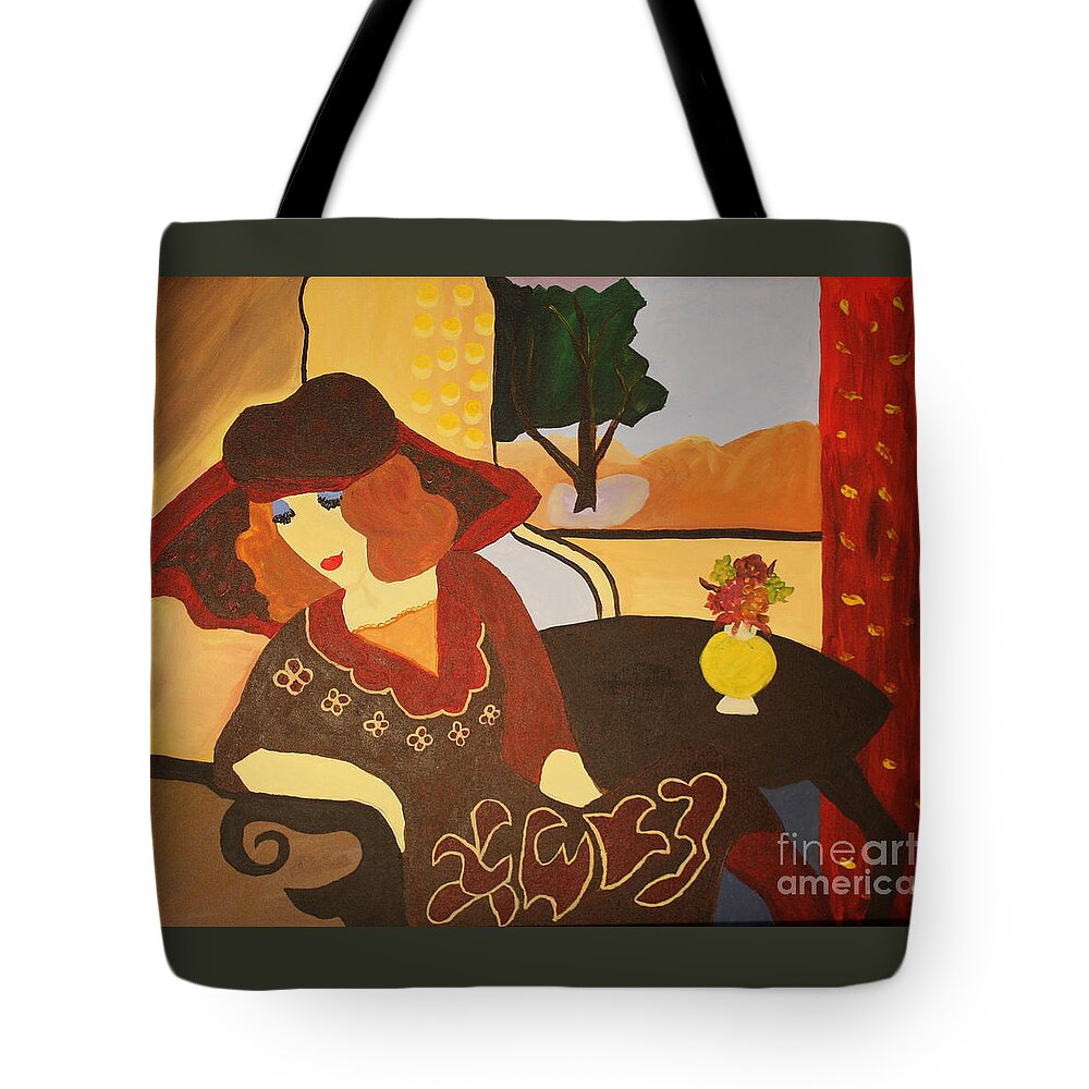 Tarkay Tote Bag featuring the painting Waiting for Him by Christine Dekkers