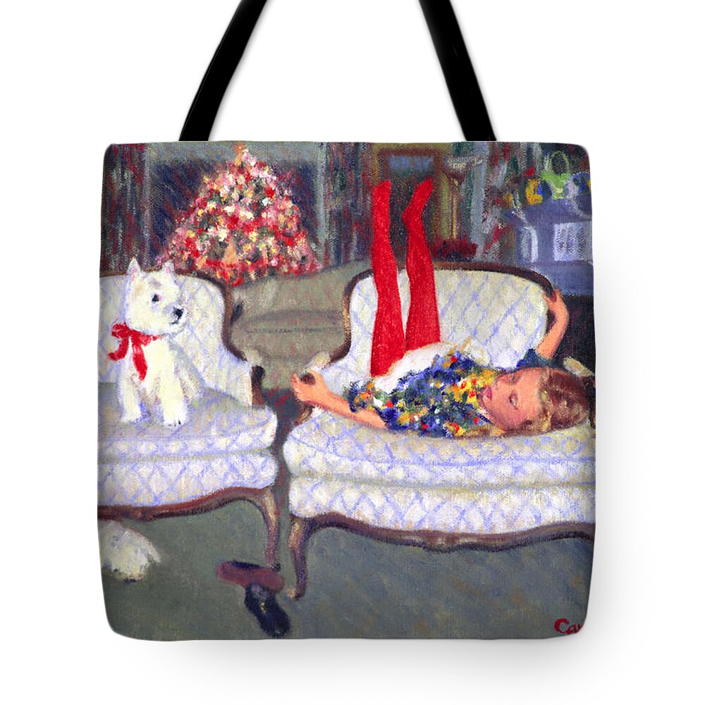 Dogs Tote Bag featuring the painting Waiting for Santa by Candace Lovely