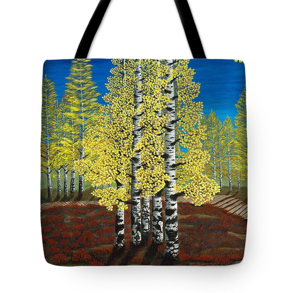 Betterlight Tote Bag featuring the painting Walk Through Aspens triptych 2 by Rebecca Parker