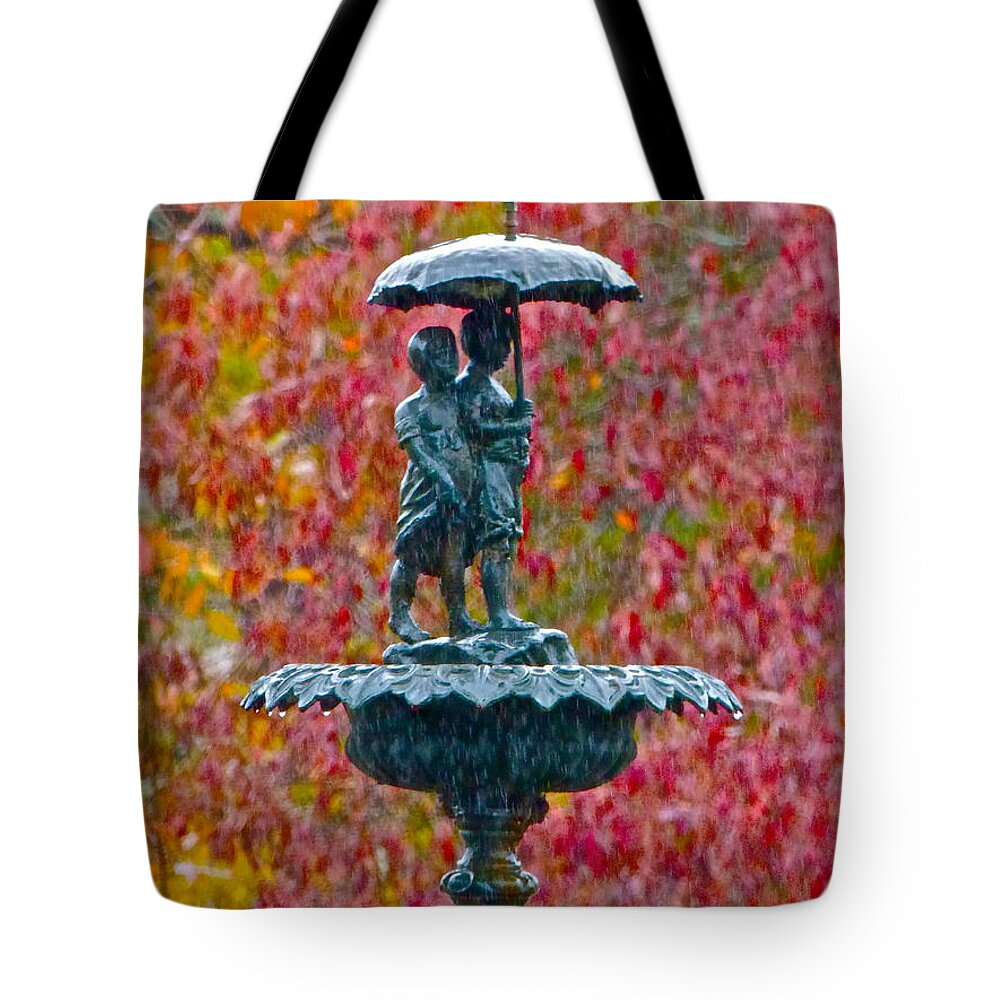 Statue Tote Bag featuring the photograph Walking in the Rain by Jean Wright