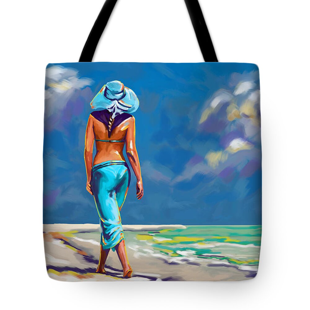 Walking On The Beach Tote Bag featuring the painting walking on the beach More Color by Tim Gilliland