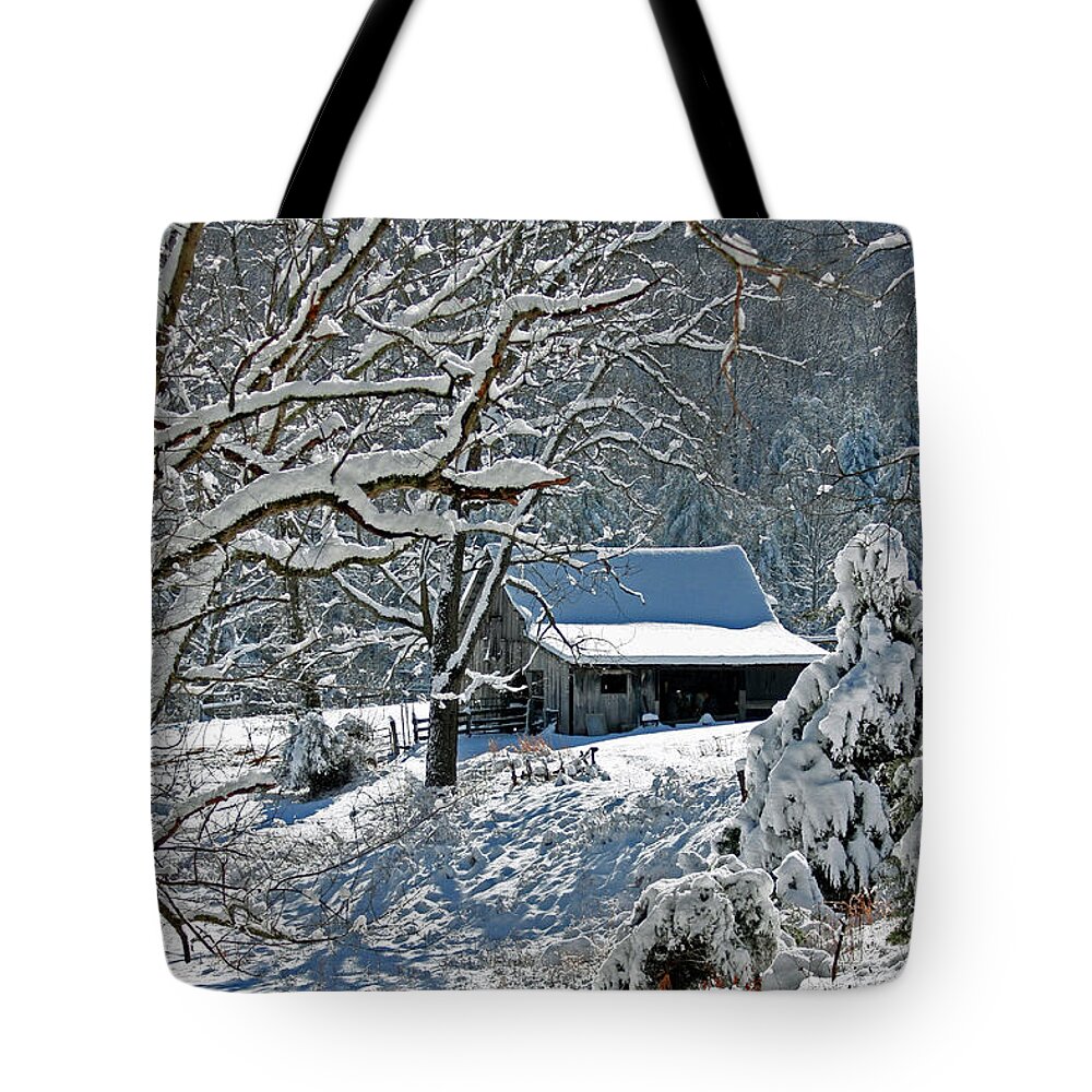 Winter Tote Bag featuring the photograph Walking Toward the Barn by Denise Romano