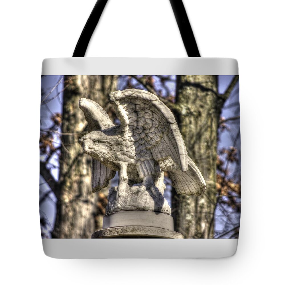 Civil War Tote Bag featuring the photograph War Eagles - Vermont Company F 1st U. S. Sharpshooters-A1 Pitzer Woods Gettysburg by Michael Mazaika