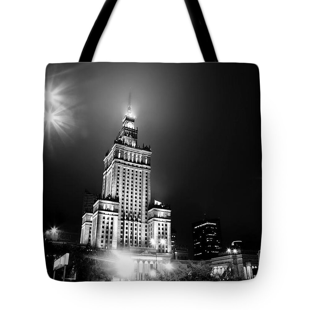 Warsaw Tote Bag featuring the photograph Warsaw Poland downtown skyline at night by Michal Bednarek