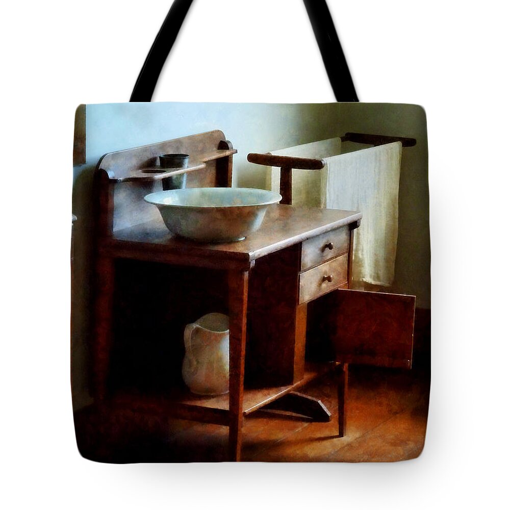 Wash Basin Tote Bag featuring the photograph Wash Basin And Towel by Susan Savad