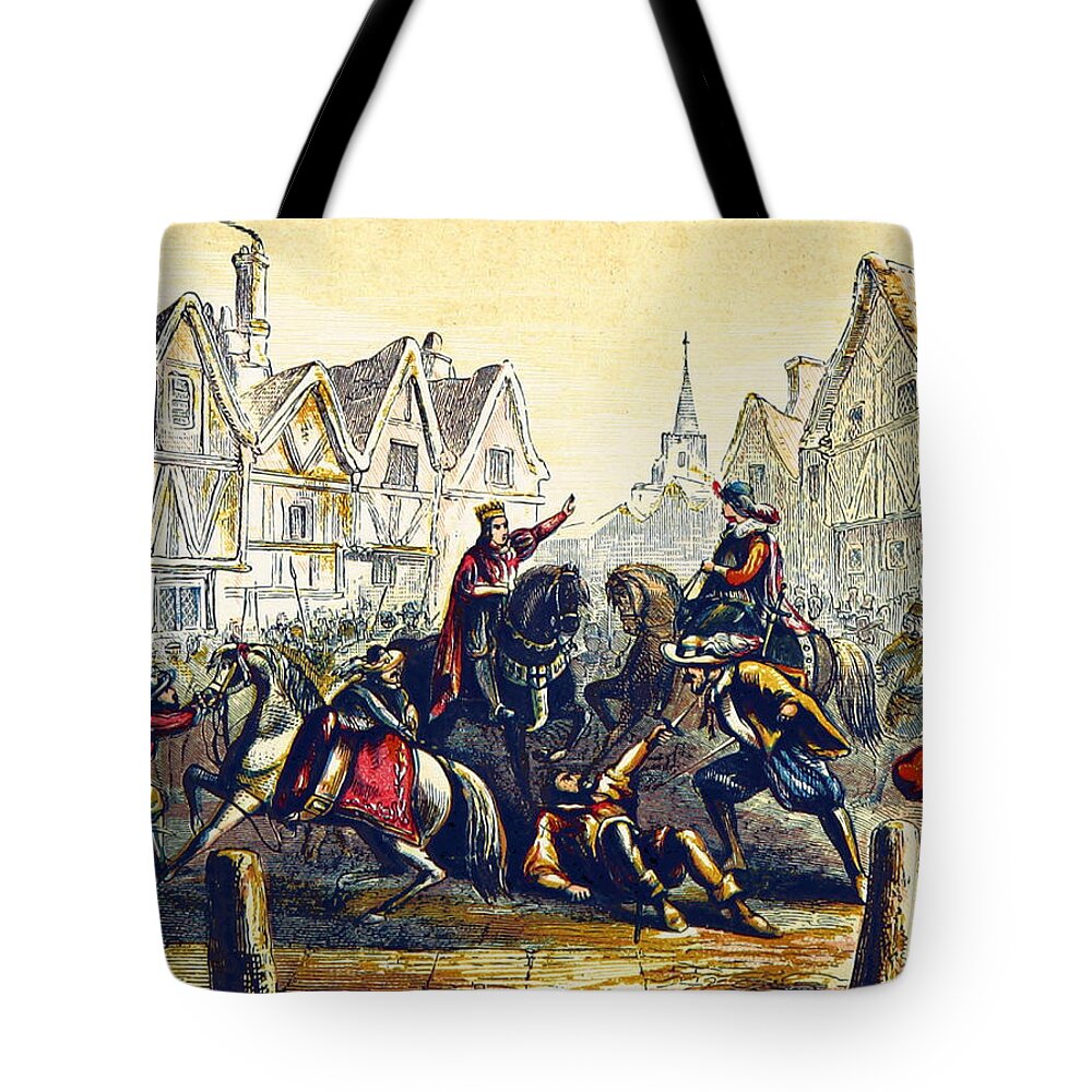 History Tote Bag featuring the photograph Wat Tylers Death, The Peasants Revolt by British Library