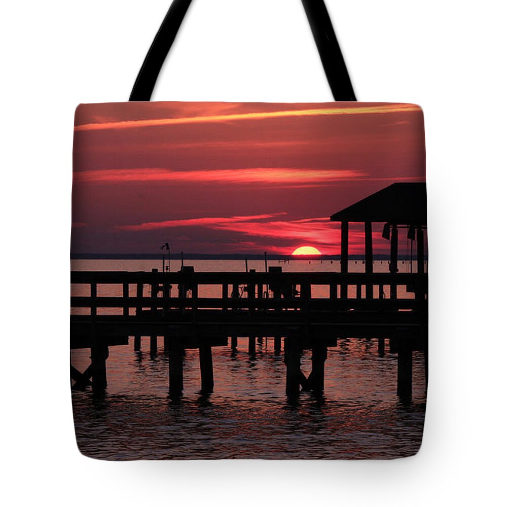 Pier Tote Bag featuring the photograph Sunset at the Hilton Pier #1 by Ola Allen