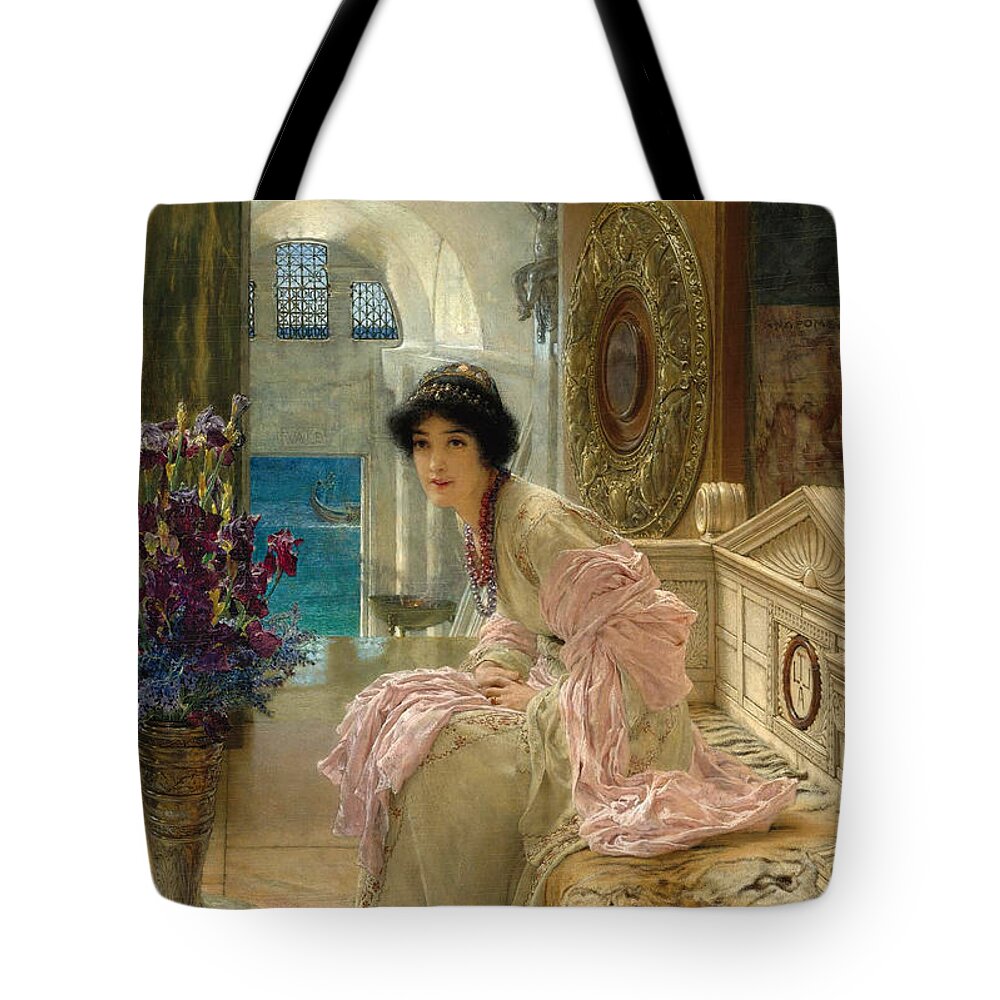 Lawrence Alma-tadema Tote Bag featuring the painting Watching and Waiting by Lawrence Alma-Tadema