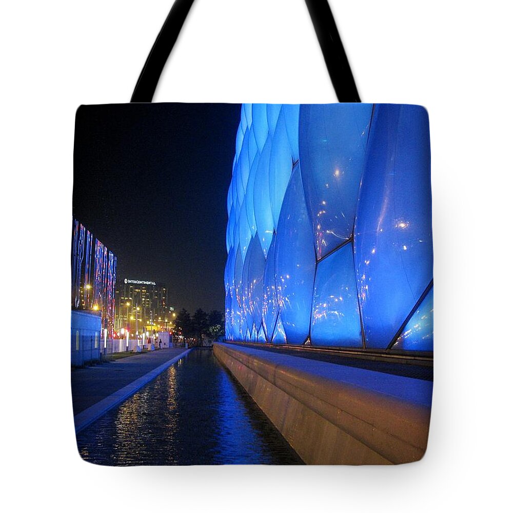 Swimming Pool Tote Bag featuring the photograph Water Cube At Night by Alfred Ng