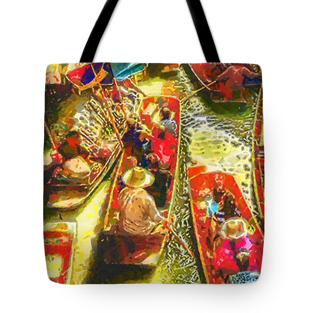 Water Market Tote Bag featuring the painting Water Market by Mo T