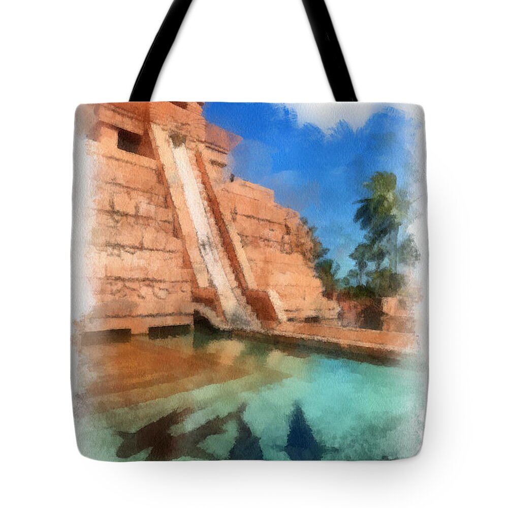 Aqua Park Tote Bag featuring the digital art Water Slide at the Mayan Temple Atlantis Resort by Amy Cicconi