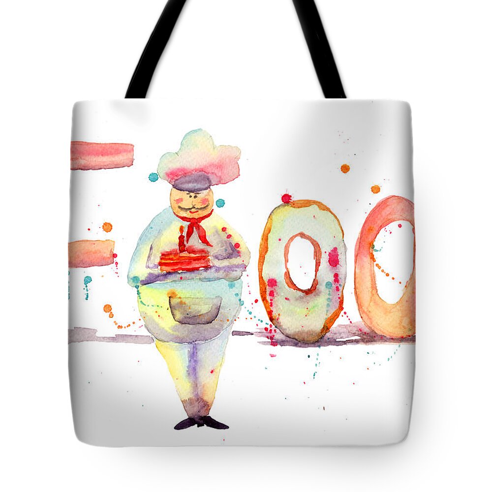 Cake Tote Bag featuring the painting Watercolor illustration of inscription food with chef by Regina Jershova