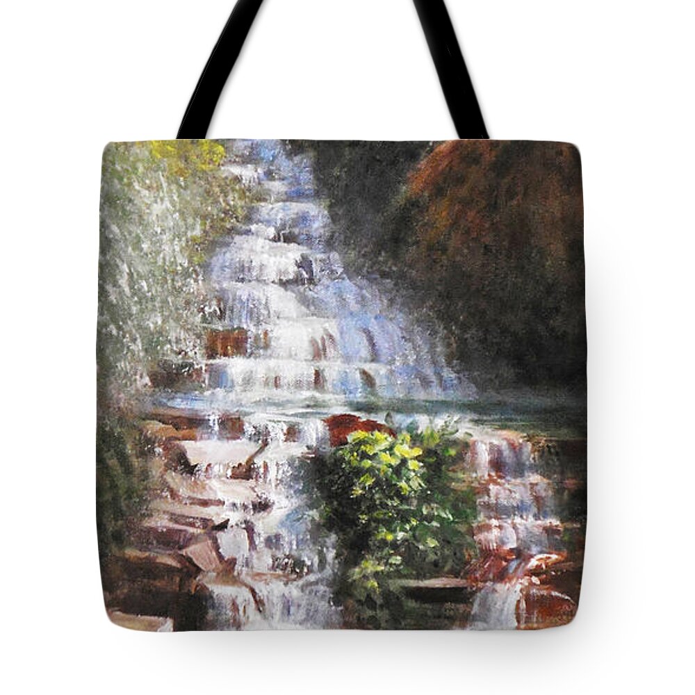 Waterfall Tote Bag featuring the painting Waterfall Garden by Maryann Boysen