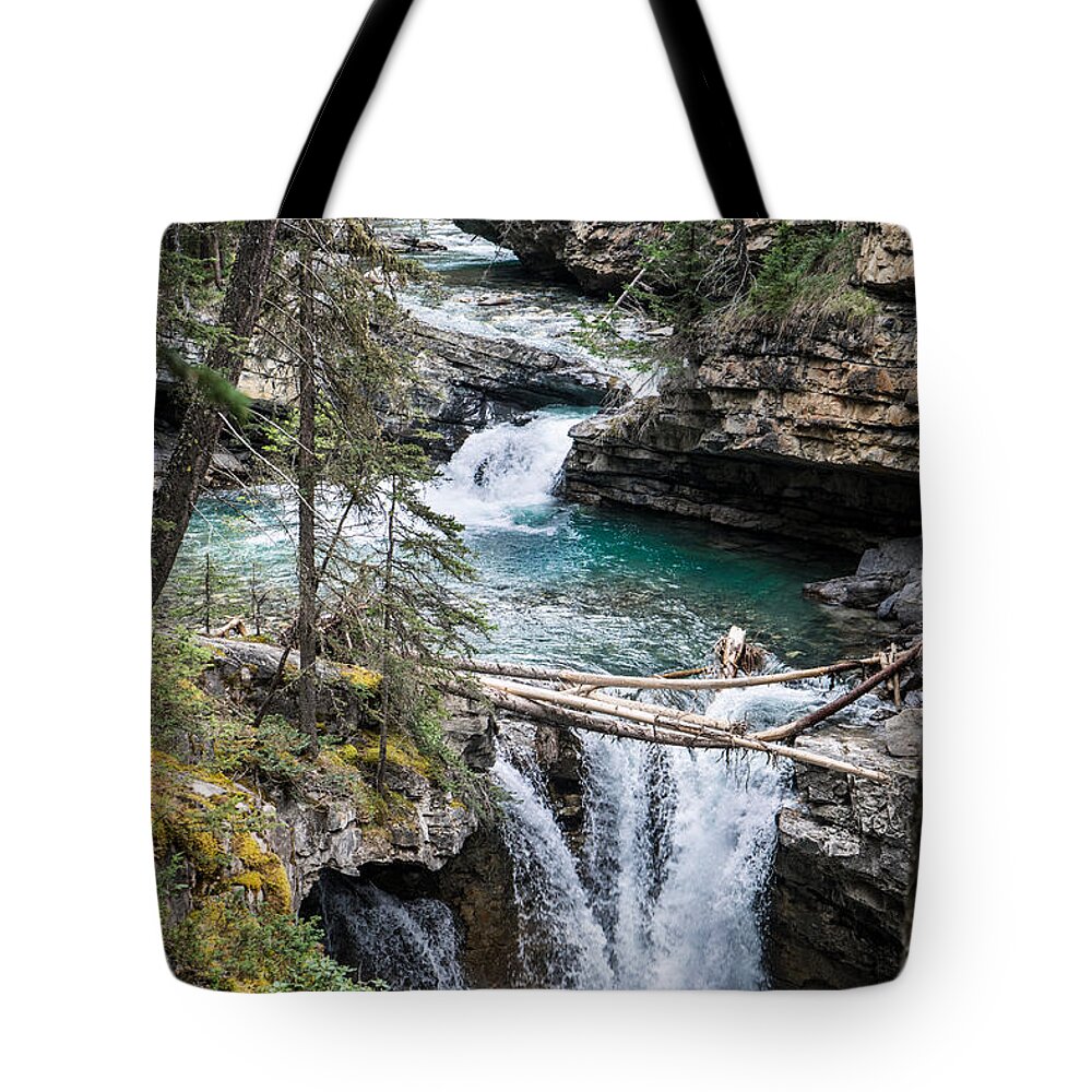 Alberta Tote Bag featuring the photograph Waterfall in Johnston Canyon by Douglas Barnett