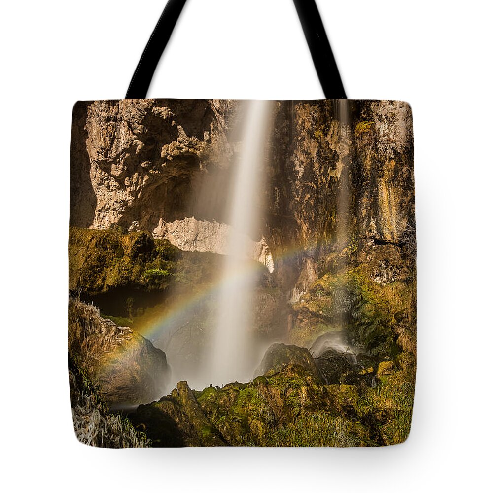 Rifle Falls State Park Tote Bag featuring the photograph Waterfalls with Rainbow by Paul Freidlund