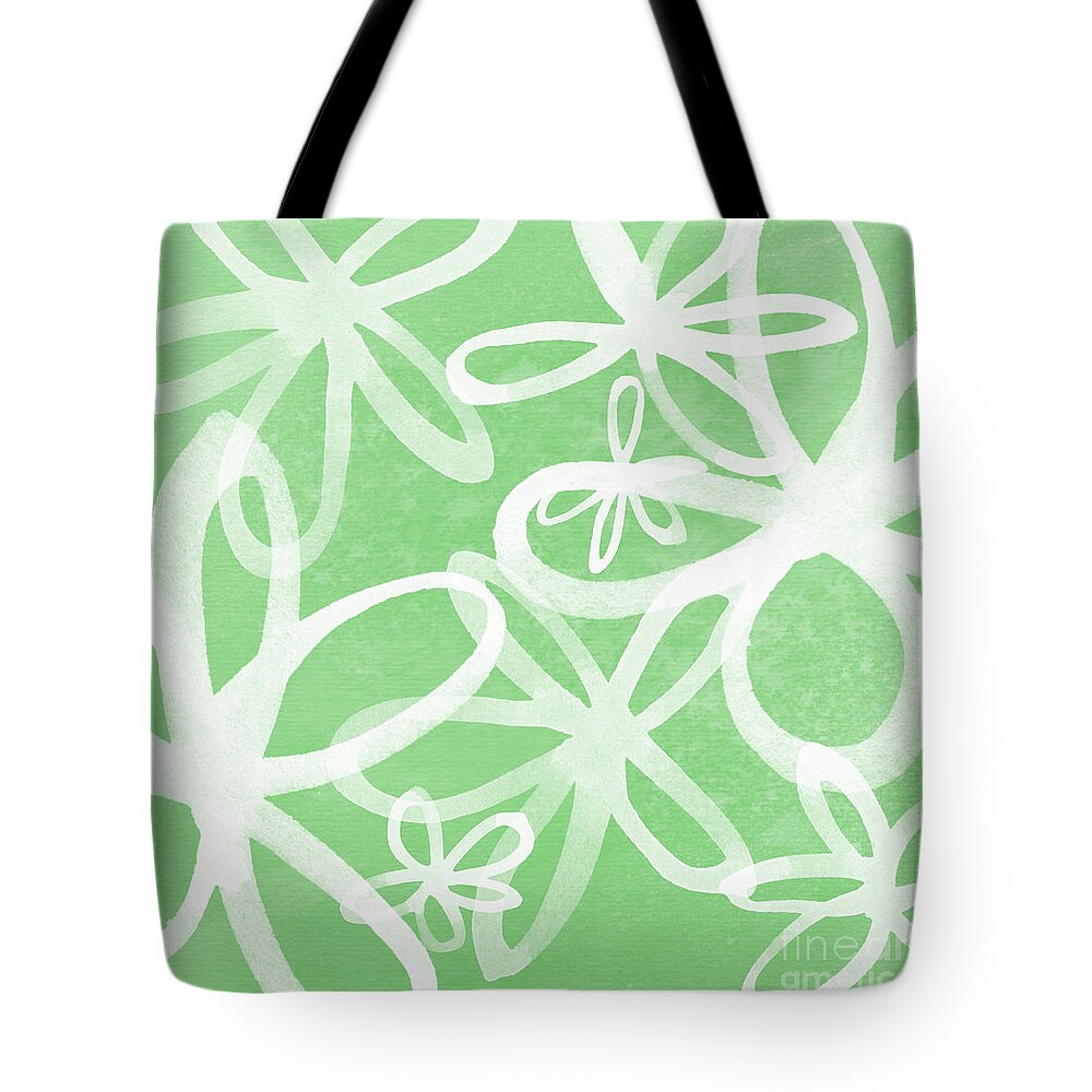 Large Abstract Floral Painting Tote Bag featuring the painting Waterflowers- green and white by Linda Woods