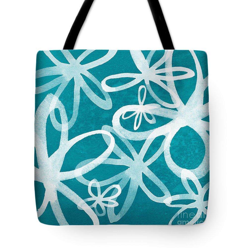 Large Abstract Floral Painting Tote Bag featuring the painting Waterflowers- teal and white by Linda Woods
