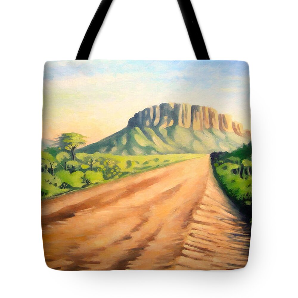 Maralal Tote Bag featuring the painting Way to Maralal by Anthony Mwangi