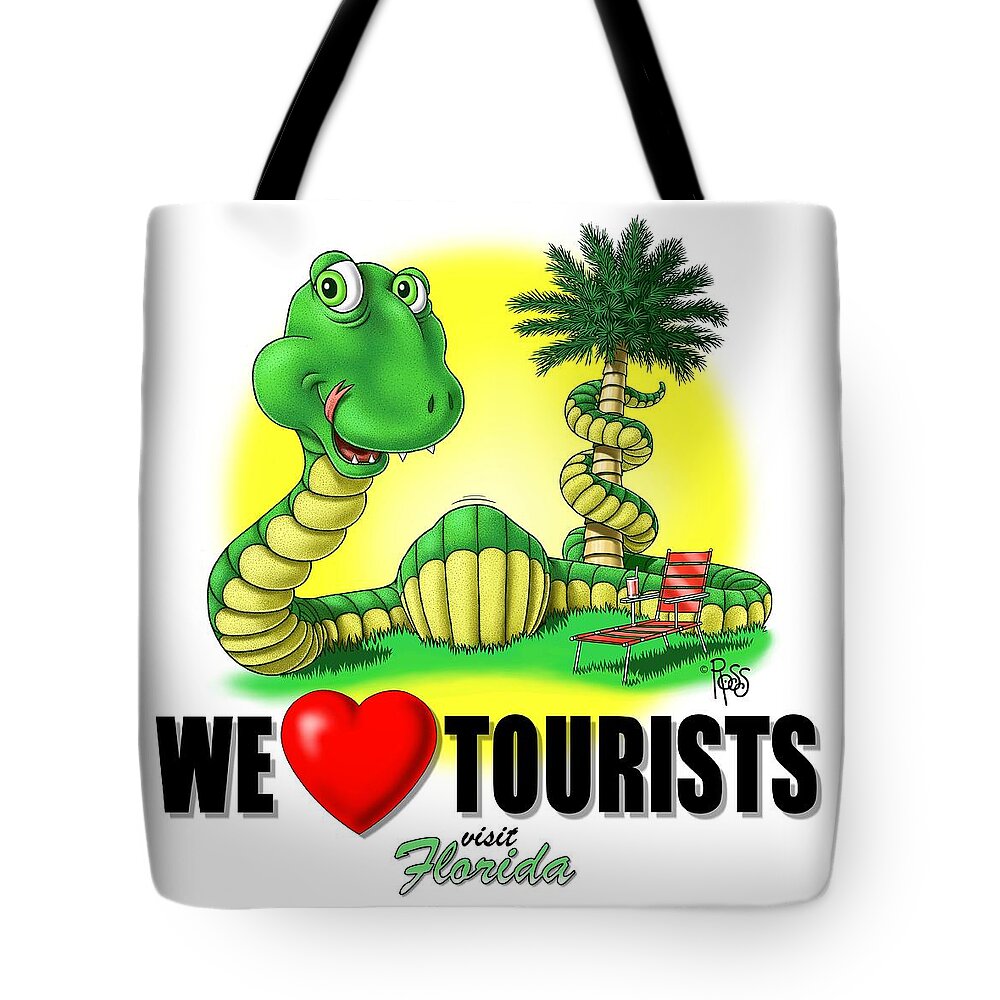 Humor Tote Bag featuring the digital art We Love Tourists Snake by Scott Ross